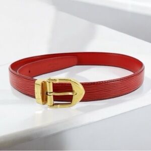 Authentic Louis Vuitton Red Epi Leather & Gold Santos Classic Belt